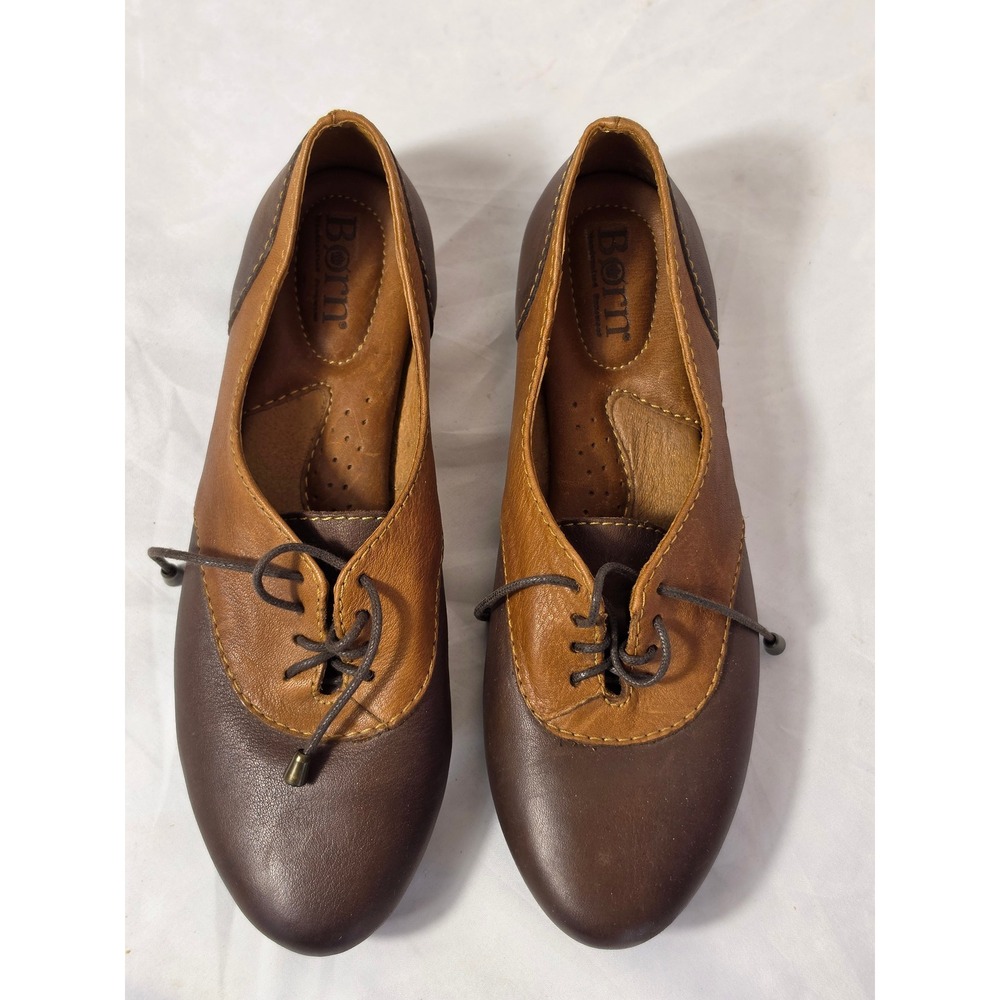 Born Brown Leather Two Tone Lace Up Oxford Flats D43723 Womens 7.5 38.5